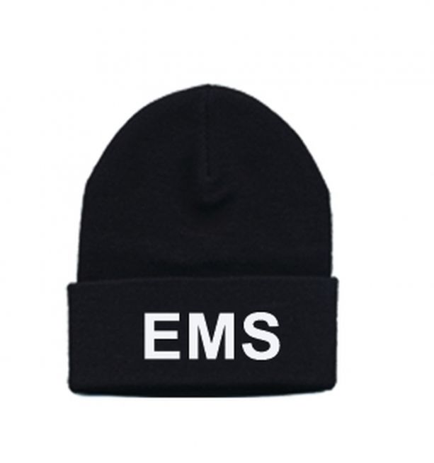 EMS KNIT HAT - WHITE "EMS" LETTERING ON BLACK KNIT HAT.